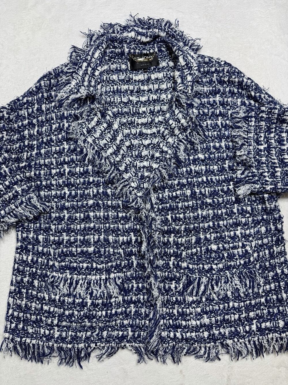 St John Couture Tweed Jacket Womens Large L Boucle Fringe Knit Blue Open Front
